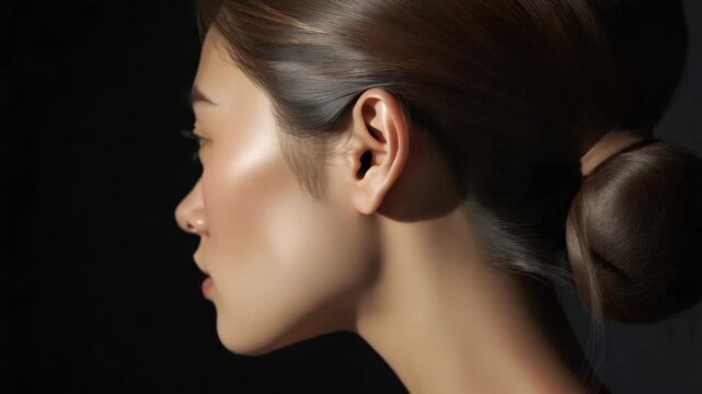 Young woman profile portrait side view smooth skin soft lighting dramatic serene calm expression