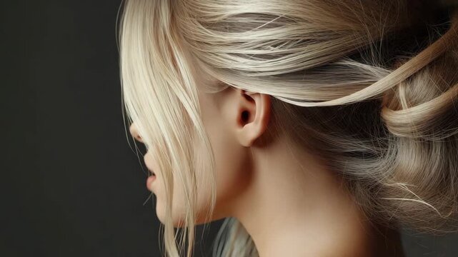 Young blonde woman profile portrait with loose updo and loose hair, closed eyes and soft expression