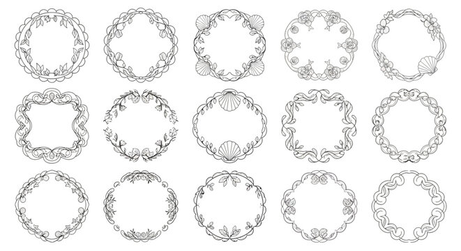 Elegant floral and nautical line art frames for decorative designs