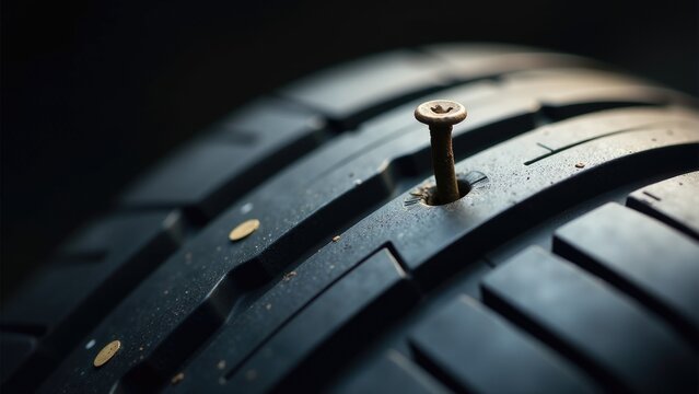 A close-up shot of a tire with a screw stuck in the tread