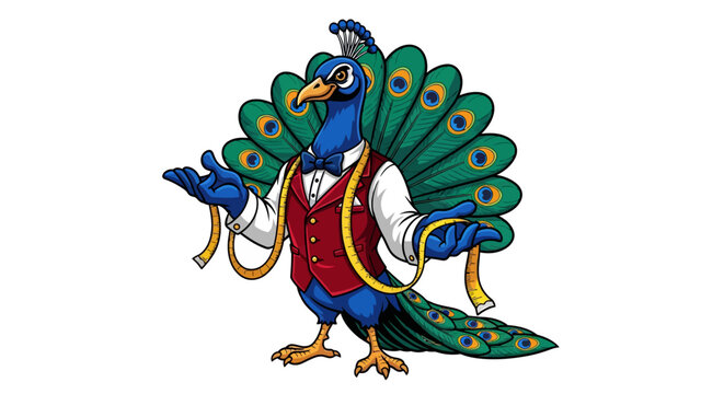 Peacock tailor with measuring tape in colorful cartoon style