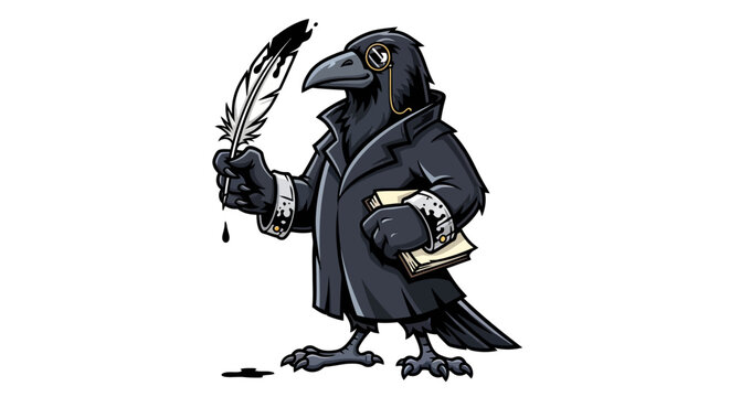 Stylish raven in suit holding quill and book with ink splash