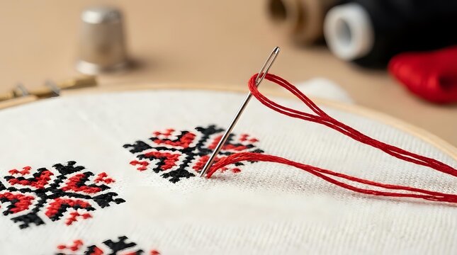 Cross stitch embroidery hoop with needle and red thread on linen fabric, featuring traditional folk ornament pattern in red and black.
