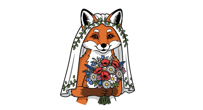 Charming fox bride holding bouquet in wedding veil