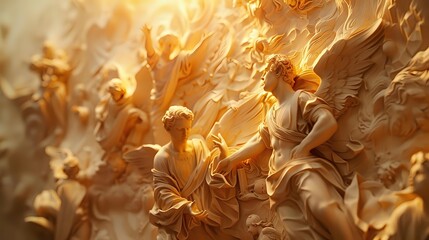 Naklejka premium Divine angels with golden wings ascending through heavenly light rays in spiritual religious scene for faith-based projects and inspirational content.