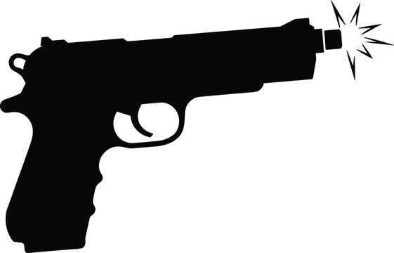 Silhouette of handgun firing with muzzle flash illustrating shooting action firearm use and defense security concept