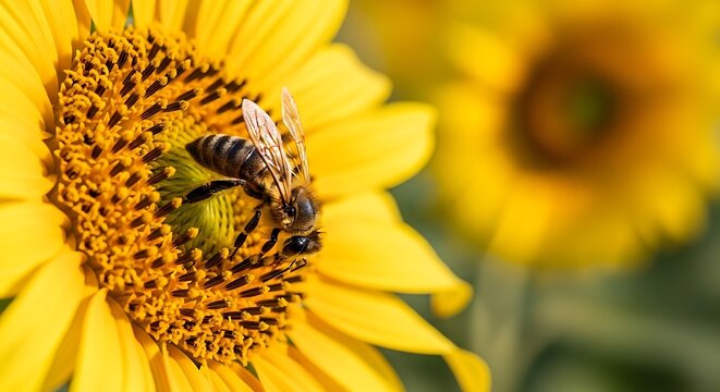 Busy bee collecting pollen from a bright yellow sunflower
