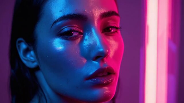 Neon portrait of woman with glossy skin close up colorful lighting neon lighting close up woman