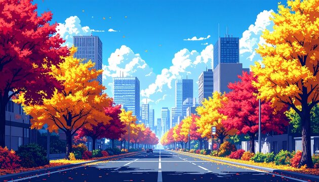 Pixel art of a modern Japanese city in autumn with ginkgo and maple trees