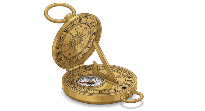 Vintage brass sundial compass with open lid and detailed engravings