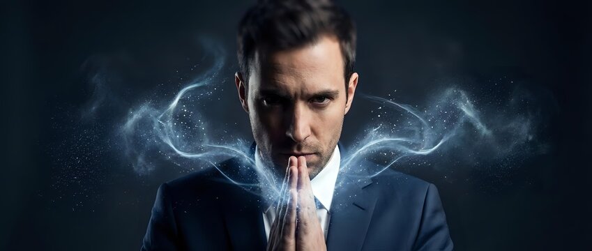 Young Caucasian businessman in suit with hands clasped, surrounded by mystical glowing energy smoke on dark background.