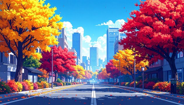 Pixel art of a modern Japanese city in autumn with ginkgo and maple trees