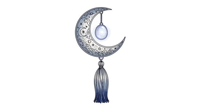 Elegant crescent moon ornament with intricate designs and tassel pendant