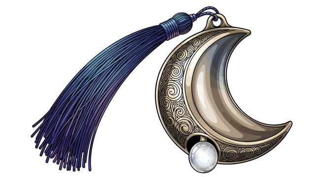 Intricate crescent moon amulet with tassel and gemstone