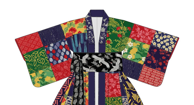 Colorful patchwork kimono with traditional japanese patterns and designs