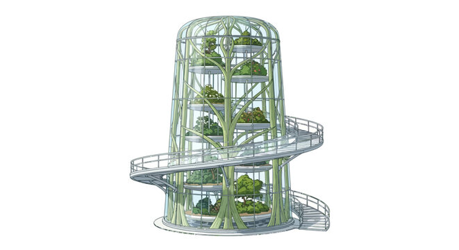 Futuristic multilevel greenhouse with vertical garden and spiral walkway