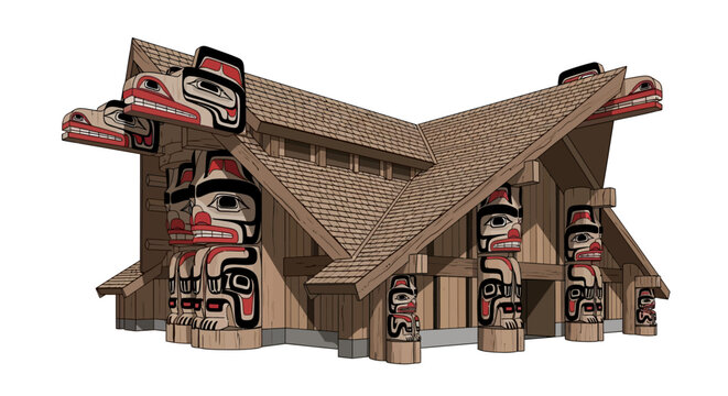 Traditional pacific northwest native american longhouse with totem poles in detailed artistic design