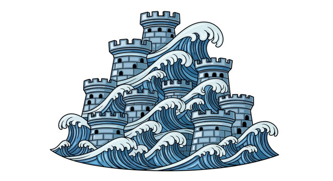 Medieval castles battling sea waves in a cartoon style