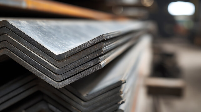 Industrial metal L-beams stacked in a warehouse or factory environment, ready for construction, fabrication, or manufacturing processes, close-up view