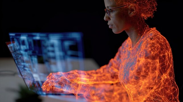 Glowing orange wireframe woman working at laptop for technology and ai interface background and digital workflow concept