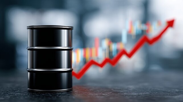 Black oil barrel with upward price chart and red arrow for commodity market background and finance banner design