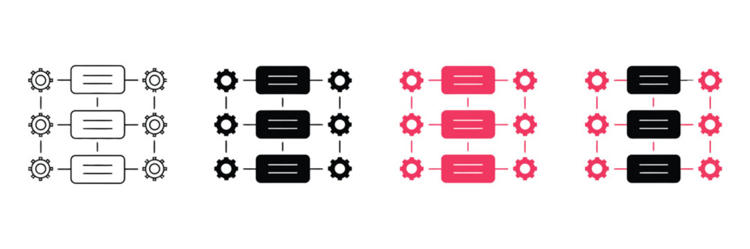 Set of four minimalist process flowchart icons featuring gear symbols and rectangular data blocks in different color variations for corporate workflow diagrams