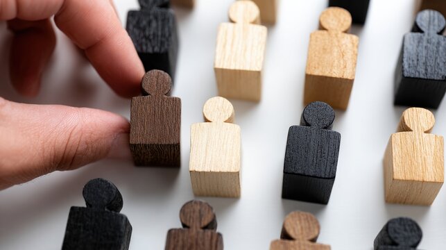Overhead selection of wooden person blocks with hand picking one figure for recruitment and leadership background