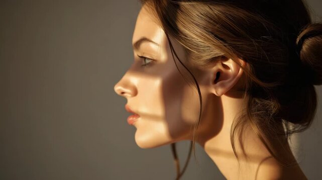 Young woman profile portrait bathed warm window light with soft shadow across face, contemplative