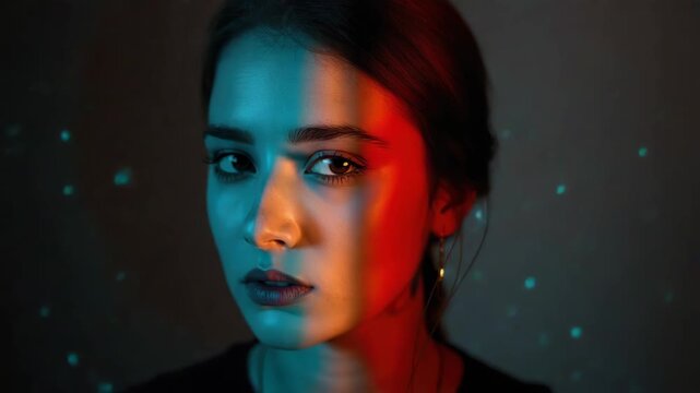 Young woman portrait split blue and red lighting with dramatic mood, portrait face cinematic