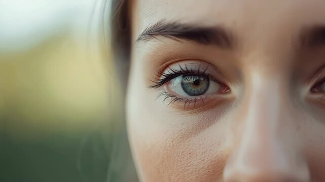 Young woman close up green eye portrait with soft natural light, eyebrow, eyelash, iris