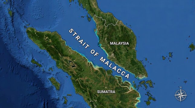 Topographic satellite map illustration of the Strait of Malacca
