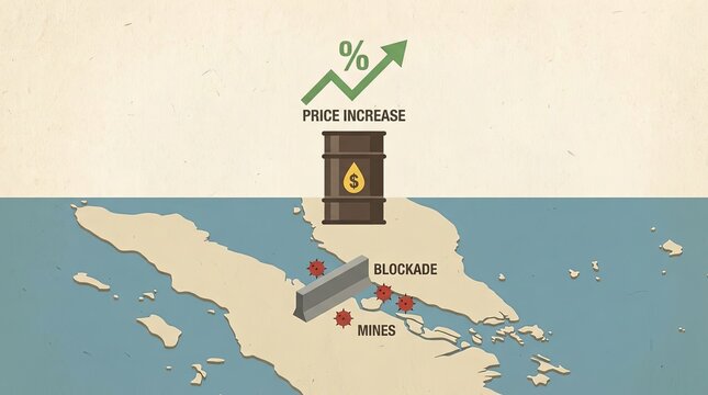 Concept art of a physical blockade and naval mines raising oil prices
