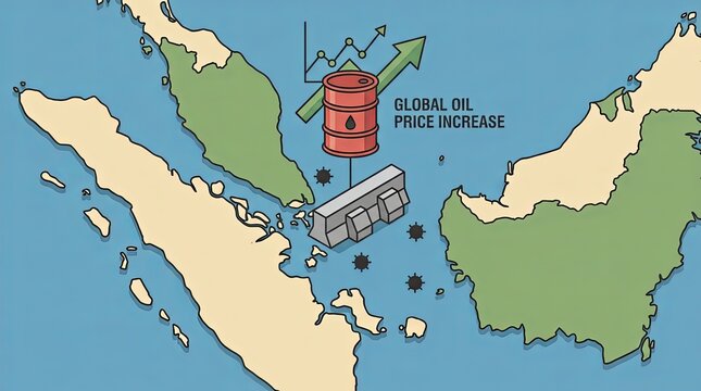 Map illustration showing global oil price increase due to strait blockade