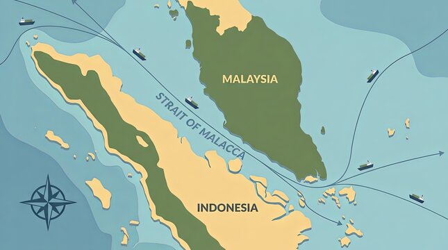 Vector map illustration of the Strait of Malacca with maritime shipping routes