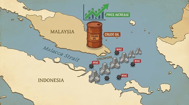 Geopolitical map of Malacca Strait blockade with tetrapods and naval mines spiking crude oil prices