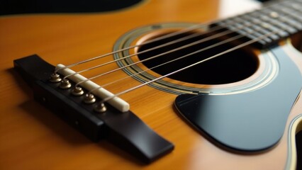 Fototapeta premium A detailed view of an acoustic guitar's body and strings, suitable for music-related uses