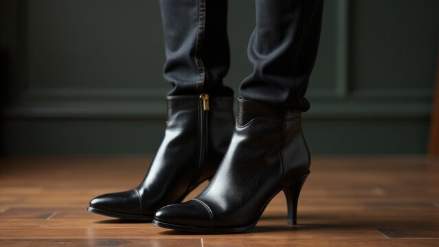 A pair of black high-heeled boots standing on a wooden floor, isolated against a neutral background