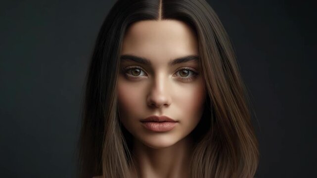 Young woman portrait close up with soft lighting neutral expression brown hair brown eyes face