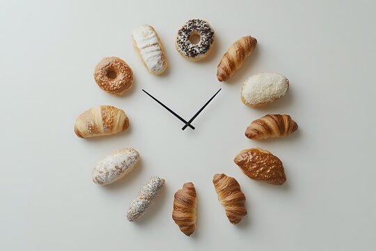 Assorted pastries and baked goods arranged in a clock shape on a light background, concept of bakery time, breakfast routine, and morning food schedule.