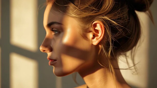 Young woman portrait profile bathed warm window light with soft shadow and contemplative mood