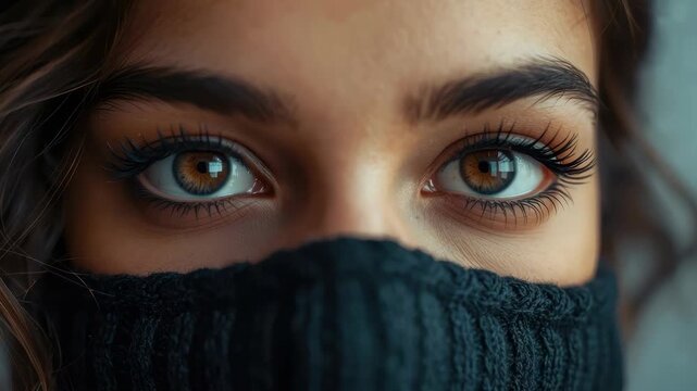 Hazel eye closeup with long eyelash peeking over dark knit scarf brown eye portrait mystery