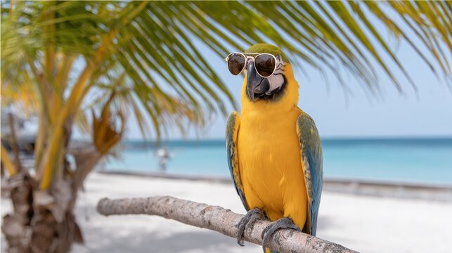 Vibrant macaw parrot perched on a branch wearing metal sunglasses on a beach with palm trees for tropical banner and travel wallpaper
