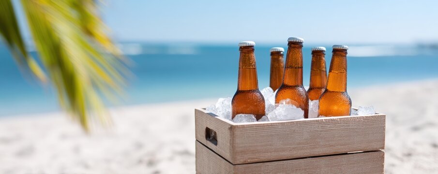 Wooden cooler box with five beer bottles in ice on a tropical beach for summer beverage banner and refreshing drink background design