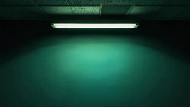 Fluorescent ceiling light casting teal shadow on empty wall with moody minimalist interior lighting