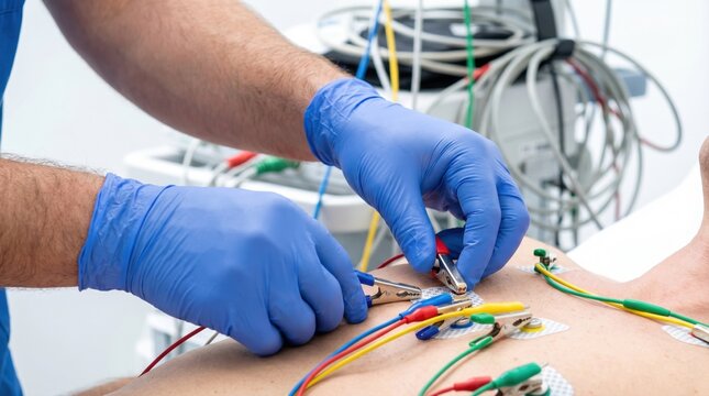 Medical professional attaching colorful electrode clips to a patient chest for an electrocardiogram test