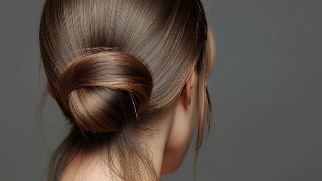 Young portrait of woman with brown bun and loose strand hair, profile serene soft lighting