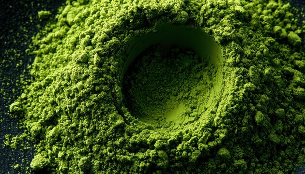 Close up macro view of vibrant green matcha tea powder piled on a dark textured surface with a circular indentation in the center showing fine organic texture details