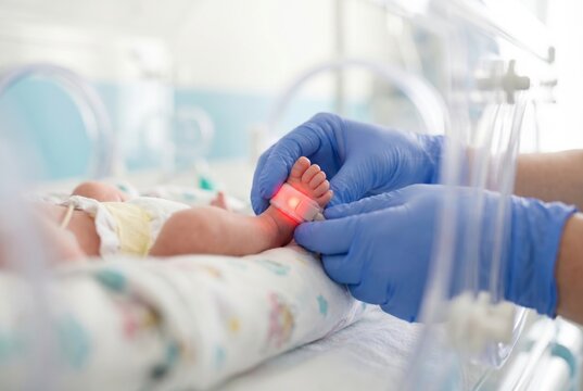 Medical professional attaching a red glowing pulse oximeter sensor to the tiny foot of a newborn baby