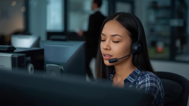Young call center operator wearing headset providing calm customer service support computer