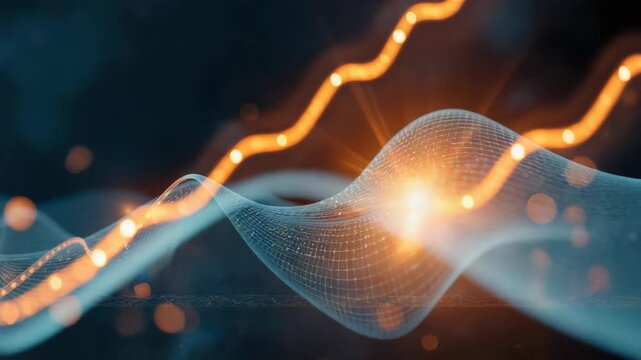 Abstract glowing orange data line and blue wireframe wave flowing over dark background conveying